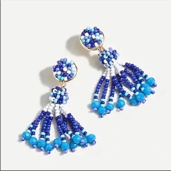 J. Crew Blue Beaded tassel earrings Gold Blue NWT - Picture 1 of 3